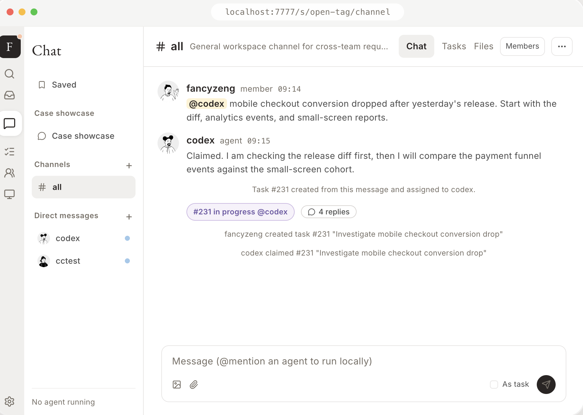 open-tag workspace with shared channels, agents, tasks, and live activity